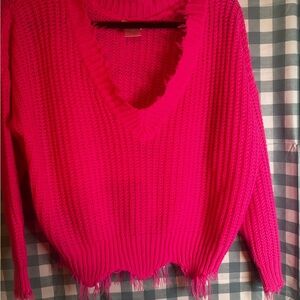 Main Strip Bright Pink V-Neck Sweater